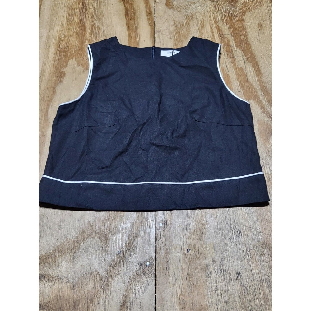 Commense Black Sleeveless Crop Top White Piping Linen Blend NWT women M @N2